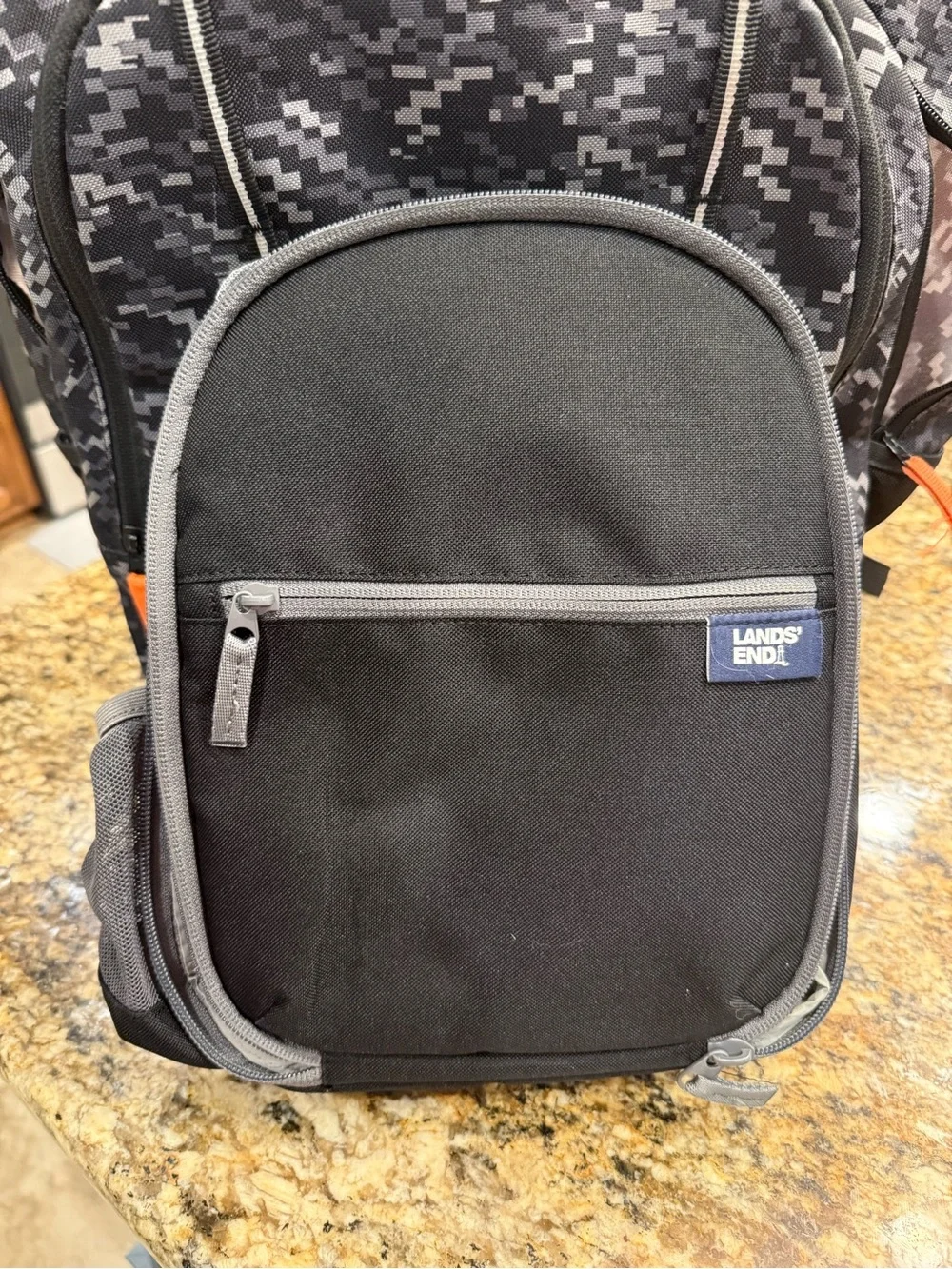Lands' End Kids Digital Camo Backpack in Black and Gray with Orange Accents